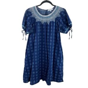 Madewell Embroidered Puff-Sleeve Babydoll Dress in Indigo Plaid Size‎ XS